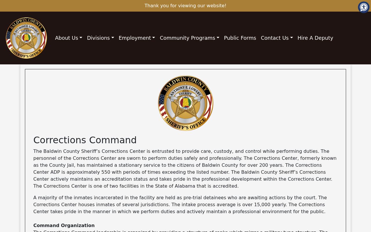 Baldwin County arrest history and Corrections Center intake operations