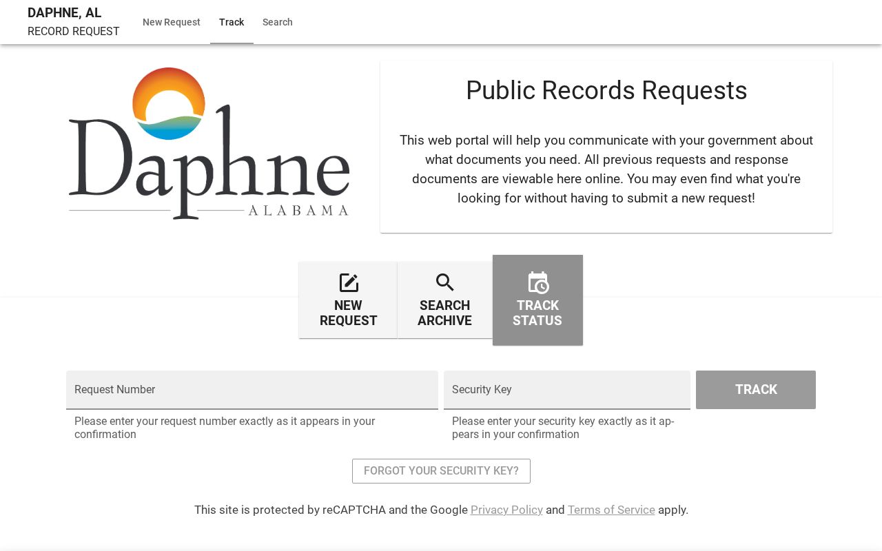 Daphne criminal records request tracking in JustFOIA